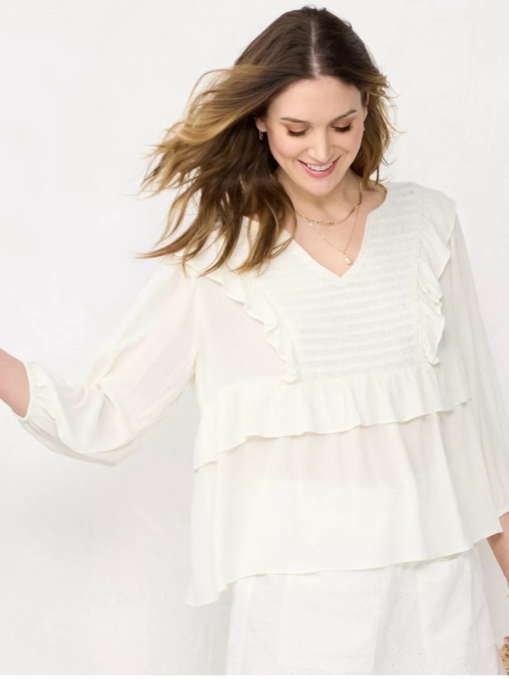 LC Lauren Conrad Cream Ruffle V-Neck Layered Blouse